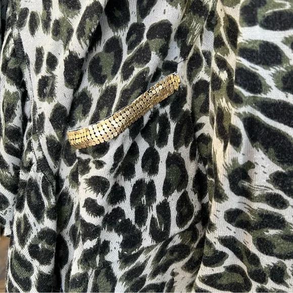 INC Green Leopard Print Open Front Cardigan with Ruffle Collar & Gold Chainmail - Picture 5 of 9